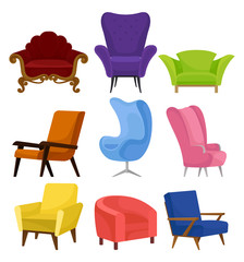 Flat vecrtor set of cozy armchairs. Retro and modern chairs with soft upholstery. Furniture for living room