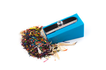 Pencil sharpener and wood shavings isolated on white - Image.