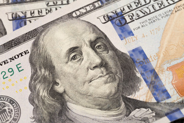 Obraz na płótnie Canvas 100 Dollars bill and portrait Benjamin Franklin on USA money banknote - Image.