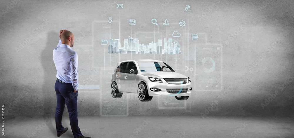 Poster businessman in front of a wall with dashboard smartcar interface with multimedia icon and city map o