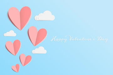 Fototapeta na wymiar vector of love and Happy Valentine's day. origami design elements cut paper made pink heart float up on the blue sky with white cloud. paper art and digital craft style. Happy Valentines greeting card
