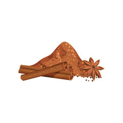 Heap of ground cinnamon, two rolled sticks and anise star. Fragrant condiment. Aromatic spice. Flat vector design