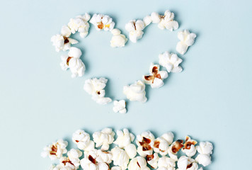 popcorn laid out in the shape of a heart close-up, top view