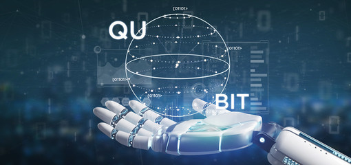 Cyborg hand holding Quantum computing concept with qubit icon 3d rendering