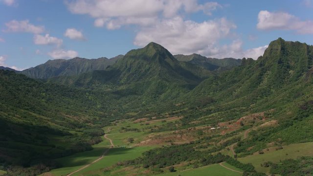 Oahu, Hawaii circa-2018.  Aerial view of Kaaawa Valley.  Shot with Cineflex and RED Epic-W Helium. 
