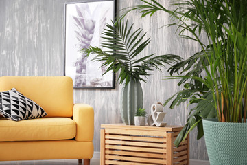 Green tropical plants in interior of living room