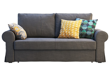 Modern dark gray fabric sofa with colored pillows. 3d render