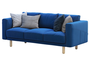 Modern dark blue fabric sofa with colored pillows. 3d render