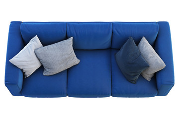 Fototapeta na wymiar Modern dark blue fabric sofa with colored pillows. 3d render
