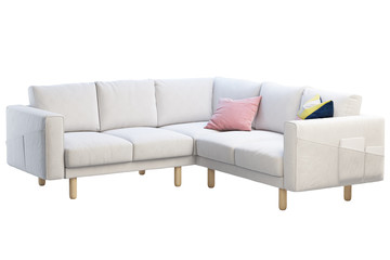 Modern white fabric sofa with colored pillows. 3d render