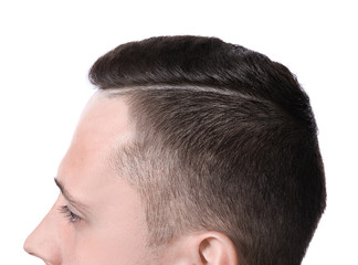 Obraz premium Man with brown hair on white background, closeup