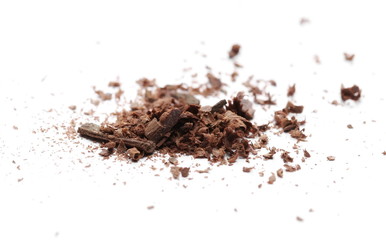 Cinnamon sticks with powder and shavings, macro isolated on white background