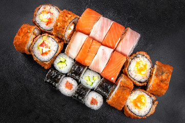 close up of sashimi sushi set, roll with delicious cream
