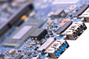 Integrated semiconductor microchip with microprocessor on blue circuit board with USB port
