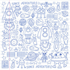 Vector set of space elements icons in doodle style. Painted, drawn with a pen, on a sheet of checkered paper on a white background.