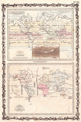 Fototapeta na wymiar 1861, Johnson Climate Map of the World w- Meteorology, Rainfall, and Plants