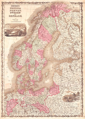1862, Johnson's Map of Scandinavia, Norway, Sweden, Finland and Denmark