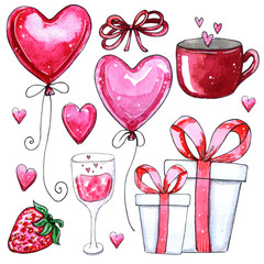 Watercolor set of elements for Valentine's day.
