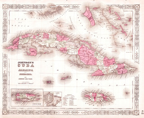 1864, Johnson's Map of Cuba, Jamaica, the Bahamas and Puerto Rico