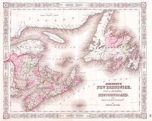 1864, Johnson's Map of New Brunswick, Nova Scotia and Newfoundland, Canada