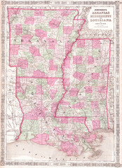 1864, Johnson Map of Louisiana, Mississippi and Arkansas