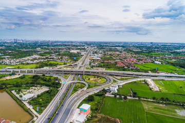 Aerial view traffic main city road with vehicle