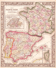 1864, Mitchell Map of France, Spain and Portugal