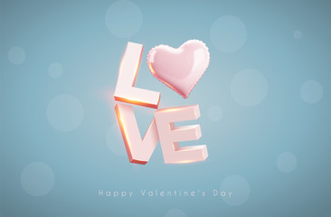 Modern 3d letters. The word love. Pink heart-shaped balloon. Vector holiday illustration on background. Happy Valentine's Day