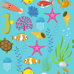Naklejka premium Seamless vector pattern with cute decorative fishes illustration. Funny multicolor background, marine texture underwater aquatic fishing animals.