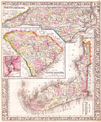 1864, Mitchell Map of North Carolina, South Carolina and Florida