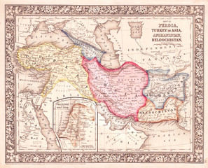 1864, Mitchell Map of Persia, Turkey and Afghanistan, Iran, Iraq