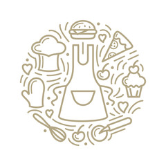 Vector illustration with food, apron and additional items. Line style round concept