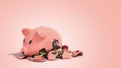savings spending comcept pink ceramic piggy bank completely broken up into several large pieces money inside 3d render on color gradient © nosorogua