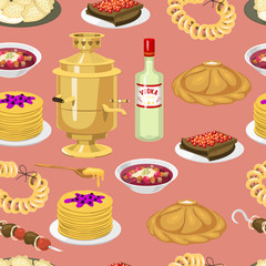 Seamless pattern with russian cuisine, traditional bagels culture food vector background. National russia menu culinary decoration. Caviar bread pastries bagel, vodka, alcohol, food, treats,