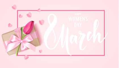 8 March design template. Happy Women's day. Decorative gift box, red tulip and paper hearts on pink background. Vector illustration