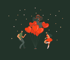 Hand drawn vector abstract cartoon modern graphic Happy Valentines day concept illustrations art card with dancing couples people together,hearts hot air baloons isolated on black background