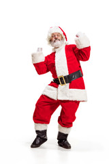 Hey, hello. Holly jolly x mas festive noel. Full length of funny happy santa in headwear, costume, black belt, white gloves, waves with arm palm standing at studio over white background