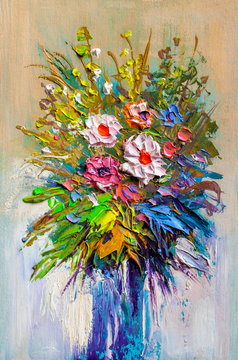 Oil painting a bouquet of flowers .