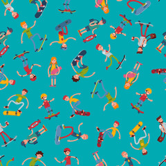 Teenage skateboarding seamless pattern happy teens guy wearing helmet capturing moves urban fun lifestyle vector illustration. Skating sport trendy characters background.
