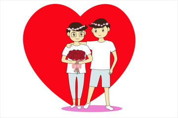 Two young people are happy man standing and hugging each other and holding a bouquet of flowers with valentine's day.   Flat cartoon and concept of homosexuality(LGBT).-EPS10 