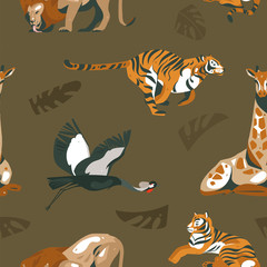 Obraz premium Hand drawn vector abstract modern graphic African Safari Nature ornamental tribal illustrations art collage seamless pattern with tigers,lion,crane bird and palm leaves isolated on green background