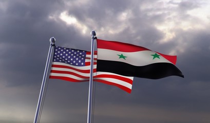 Syria and USA, two flags waving against dark cloudy sky. 3d image