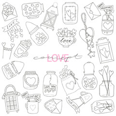 Obraz premium Big set of hand drawn vector illustration of a mason jar, love letter, topper, pouch, mug, decorative toy, lantern with hearts and inscriptions love you, candle, wedding and romance concept