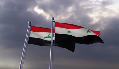 Syria and Iraq, two flags waving against dark cloudy sky. 3d image