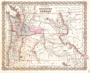 Fototapeta na wymiar 1855, Colton Map of Washington and Oregon