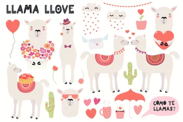 Door stickers Illustrations Big Valentines day set with cute funny llamas, hearts, text, Spanish Como te llamas, Whats you name. Isolated objects on white. Hand drawn vector illustration. Flat design. Concept for children print