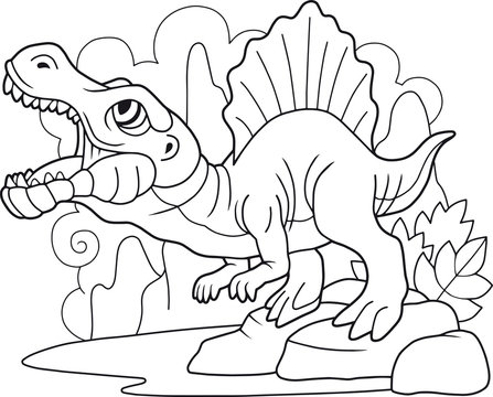 cartoon predatory dinosaur spinosaurus, coloring book, funny illustration