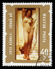 Stamp printed in Hungary shows Bathing Woman by Karoly Lotz, series, circa 1974