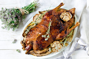 Baked duck with garlic and vegetables