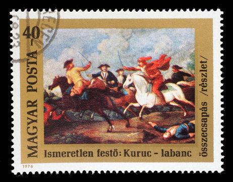 Stamp printed in Hungary issued for the 300th Birth Anniversary of Prince Ferenc Rakoczi II shows the clash between Rakoczi's Kuruts and Hapsburg Soldiers, circa 1976